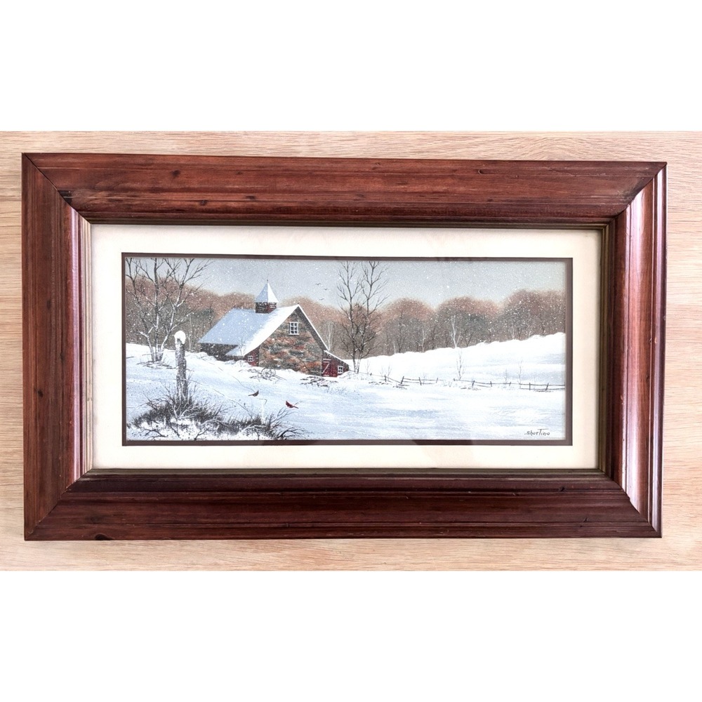 Vtg Original Michael Shortino Painting Winter Barn Snow Custom Framed NJ 12 x 20